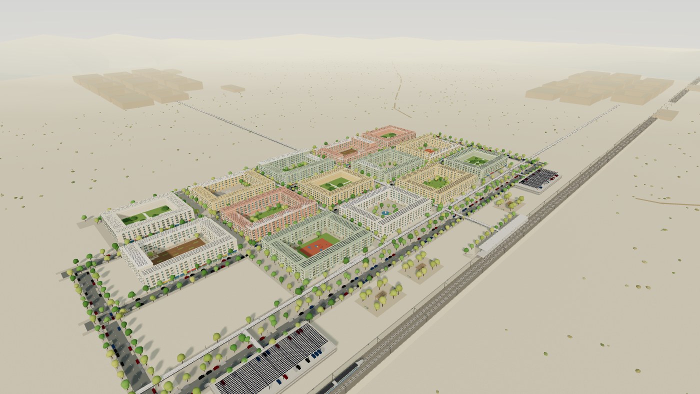 Rendered overview of the microgrid neighborhood: ten Italian-style courtyard housing blocks and four architecturally blended datacenters, linked by elevated walking paths beside a high-speed rail line.